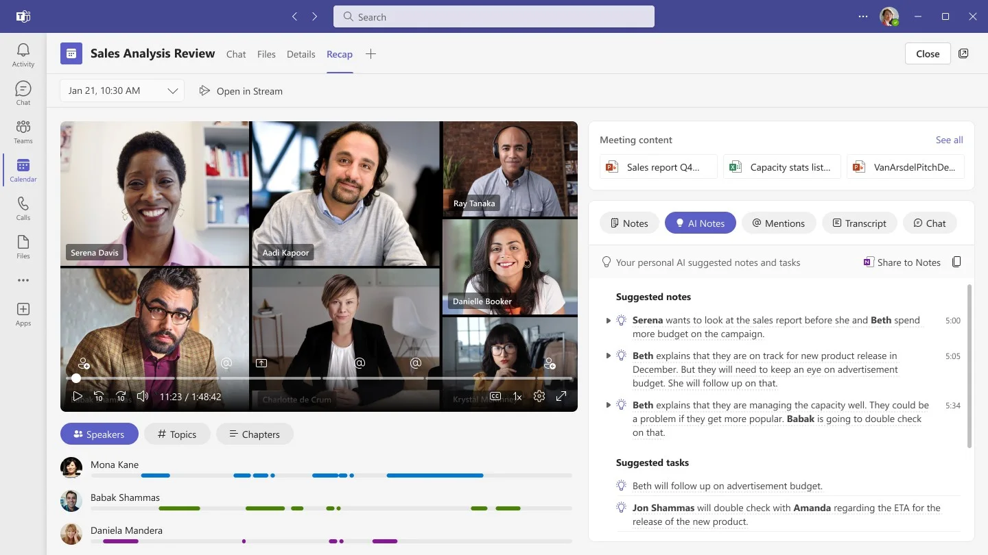Microsoft Teams screenshot showing a meeting recording alongside AI-suggested notes and tasks.